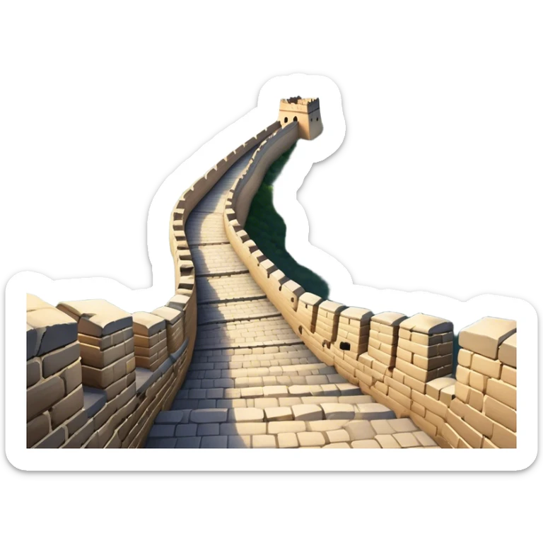 Cinematic Realistic Great Wall of China Landmark Emoji, depicted with ancient stone pathways winding over rugged mountains, watchtowers punctuating the misty landscape, and soft golden sunlight casting dramatic shadows. sticker