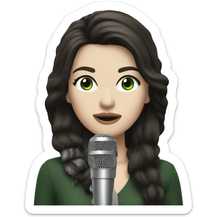 A pop singer with a microphone, dark brown hair and pale skin and dark green eyes sticker