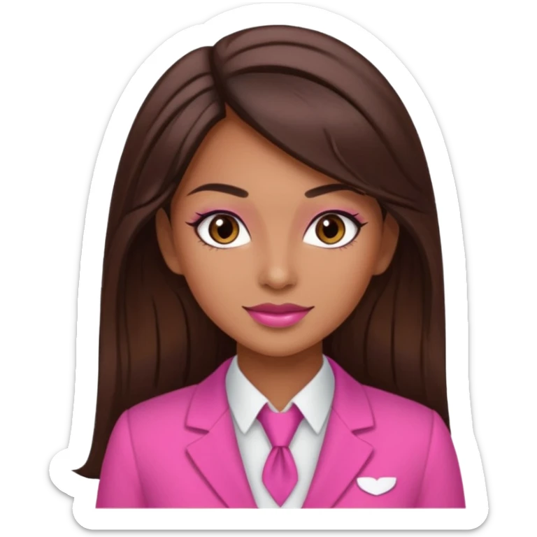Flight attendant with pink outfit tan skin long dark brown hair with highlights pretty makeup sticker