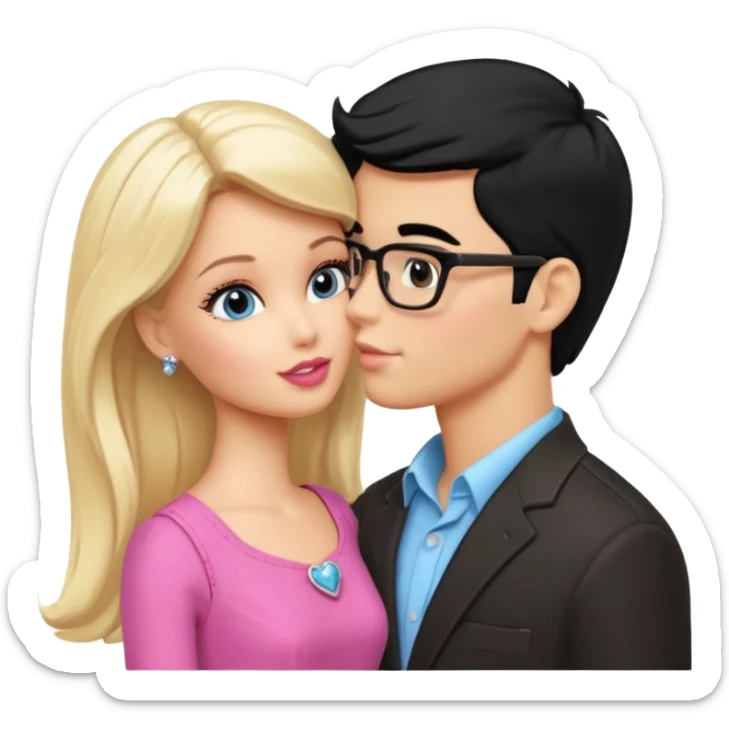pretty light blonde girl barbie kissing boy nerd with black hair and tan skin on the cheek sticker