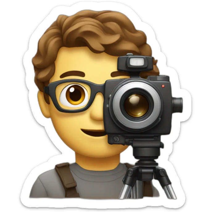 European film director with brown piled short hair holding a cinema camera sticker