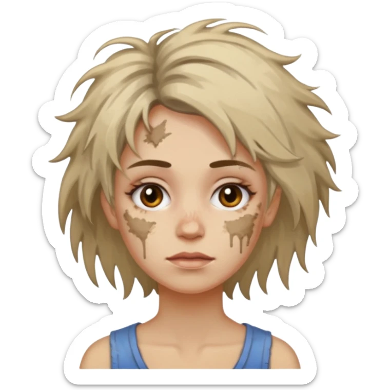 very dirty looking homeless woman very very dirty and smelly looking face only, not old with grey smudges everywhere and messy hair and lots of stains on face ugly and smudged face on forehead and chin sticker