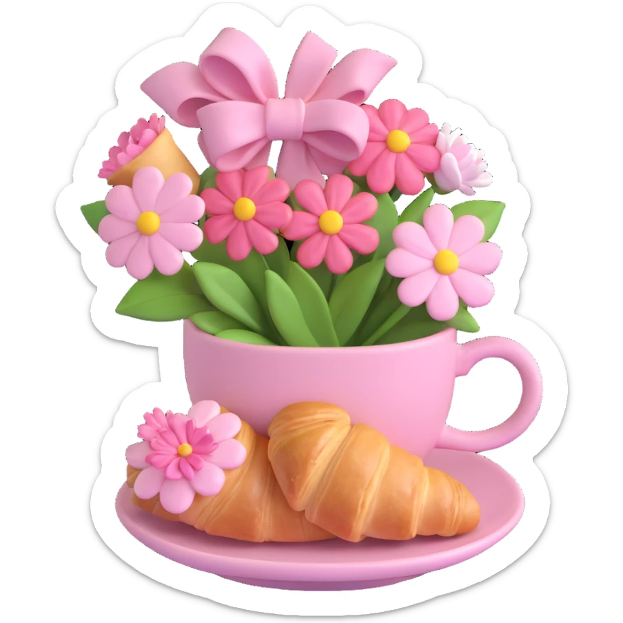 pink coffee cup with flowers and bow, on a saucer, with a croissant topped with white icing, soft pastel background sticker