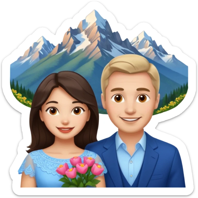 Couple traveling in Montenegro russian man and elegant  Latina girl delicate flowers and mountains in the background  sticker