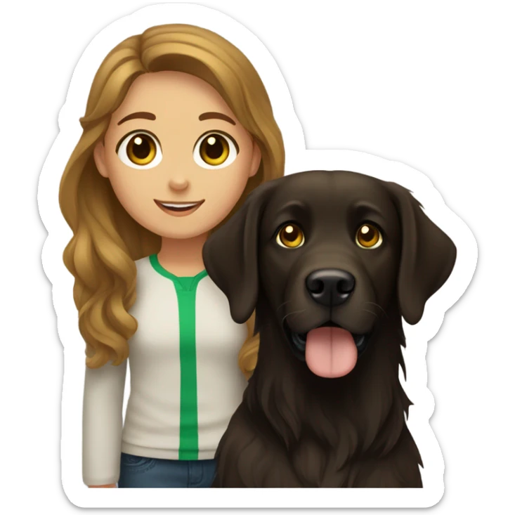 Girl with brown hair and green brown eyes next to a black golden retriever sticker