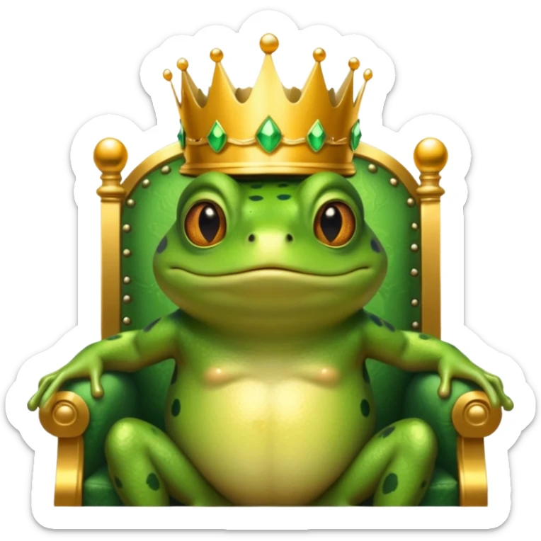 A frog wearing a crown, confidently sitting on a golden throne, portrait, bust up sticker