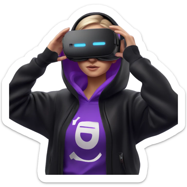 Russian girl wearing black hoody with violet letters "OMG", in vr headset oculus quest2. Standing like jedi. Cyberpunk style. Violet neon. sticker