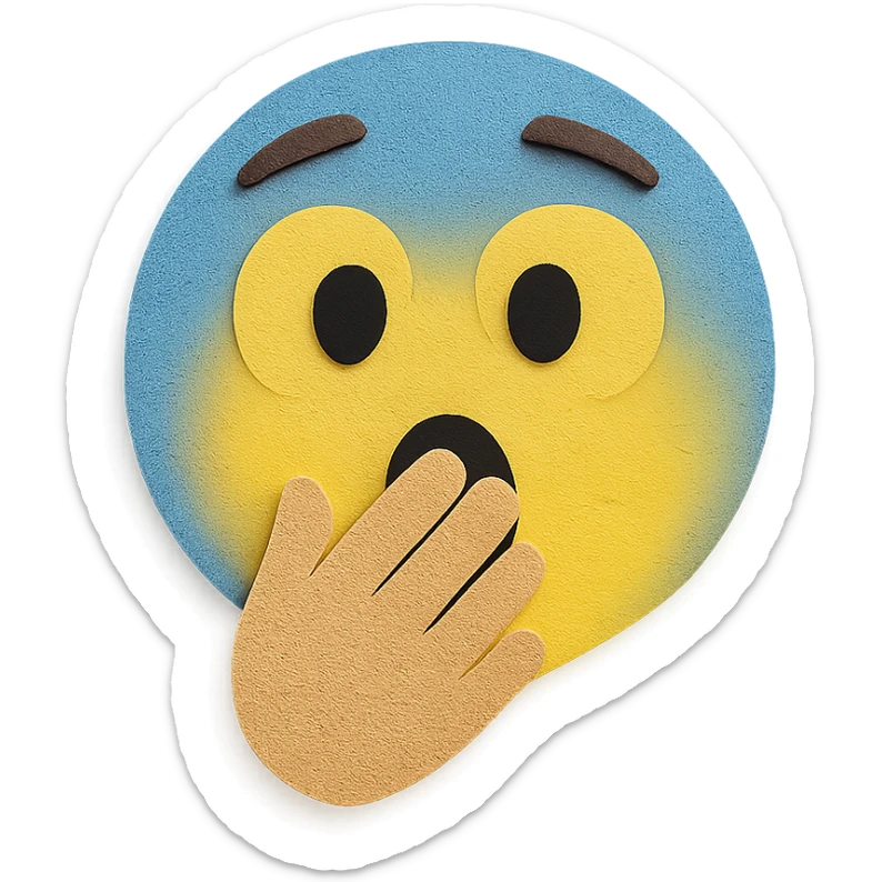 surprised face with hand over mouth, blue paper background, paper craft style sticker