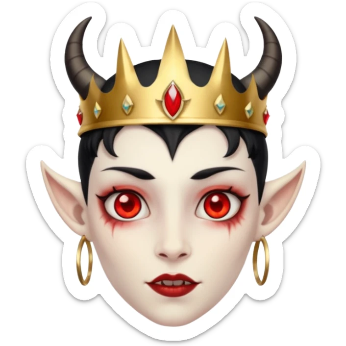 human demon hybrid with red eyes black horns and simple gold grown sticker
