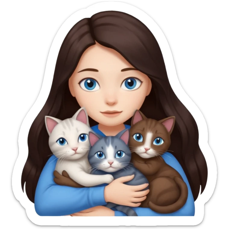 a girl with long dark 
brown hair, with blue eyes, hugs 3 different natural coloured cats sticker