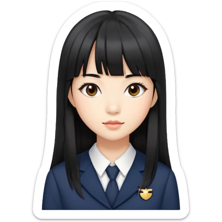 Asian woman in a chic school uniform, long black hair with straight bangs, and visible makeup sticker