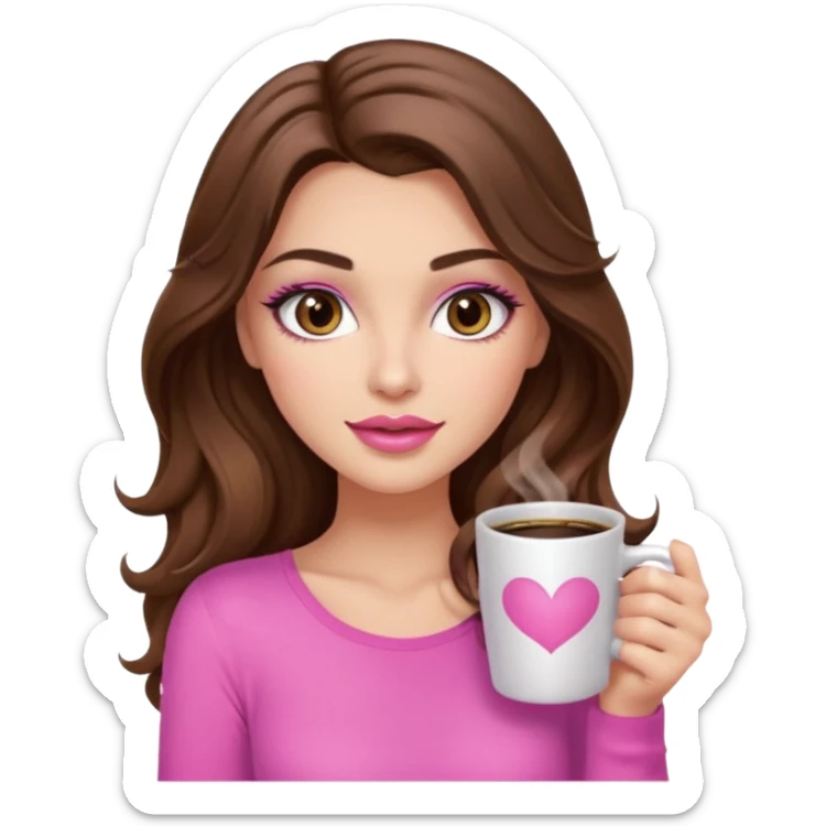 girl with long wavy brown hair, brown eyes, long lashes makeup, sexy pink lips, light to medium complexion, pink sexy top, with a coffee mug sticker