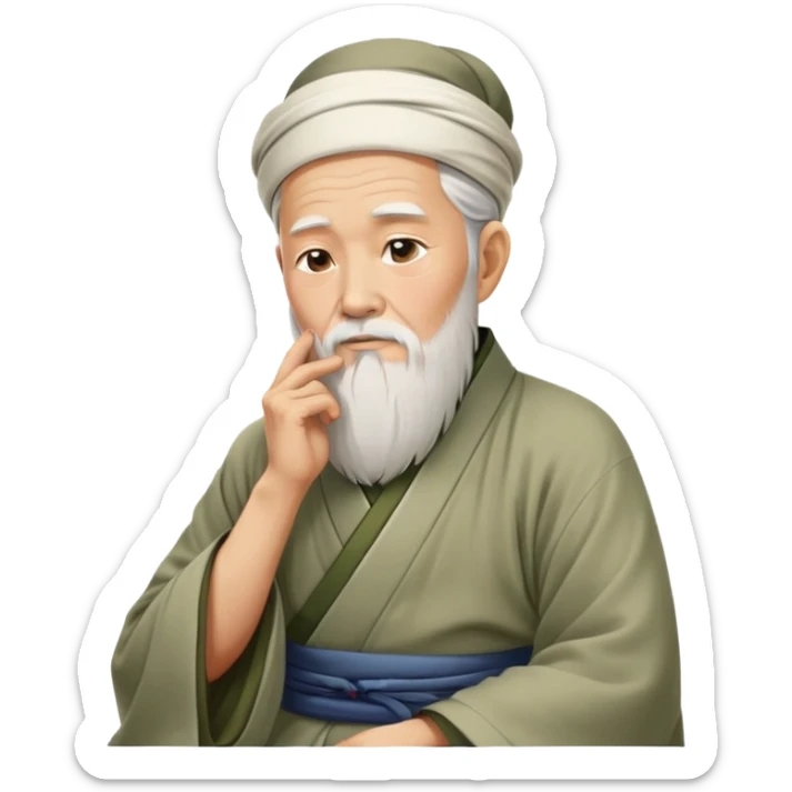 Old oriental sage with white beard and traditional Chinese clothing in contemplative pose, looking thoughtful with hand on chin sticker