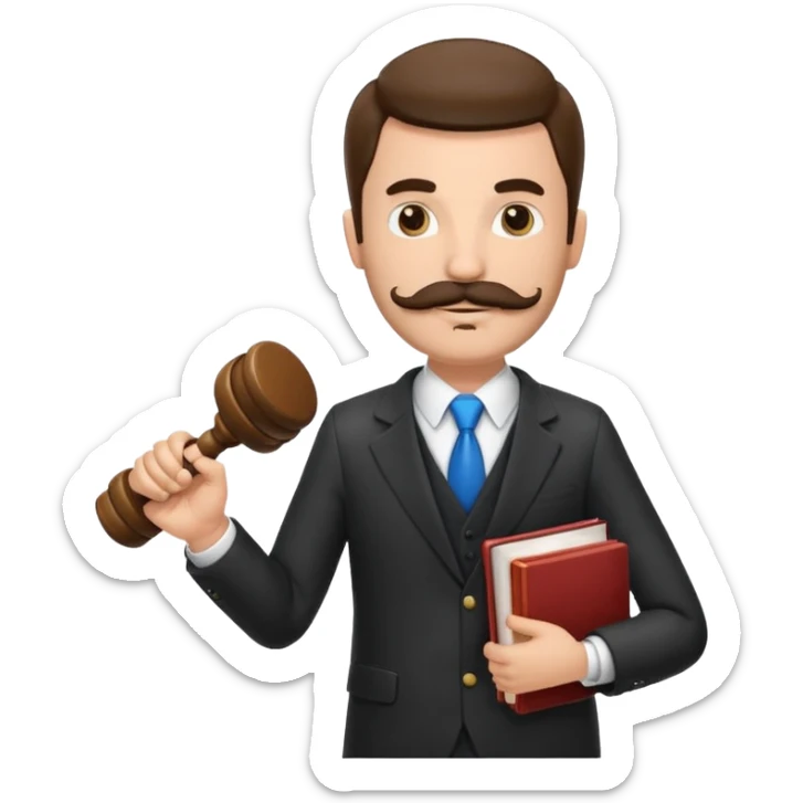 Create a male lawyer. he is wearing a fromal suit jckeret. He is holding a gavel in one hand and a book tucked under his another arm. He has a mustache and BEARD both! sticker