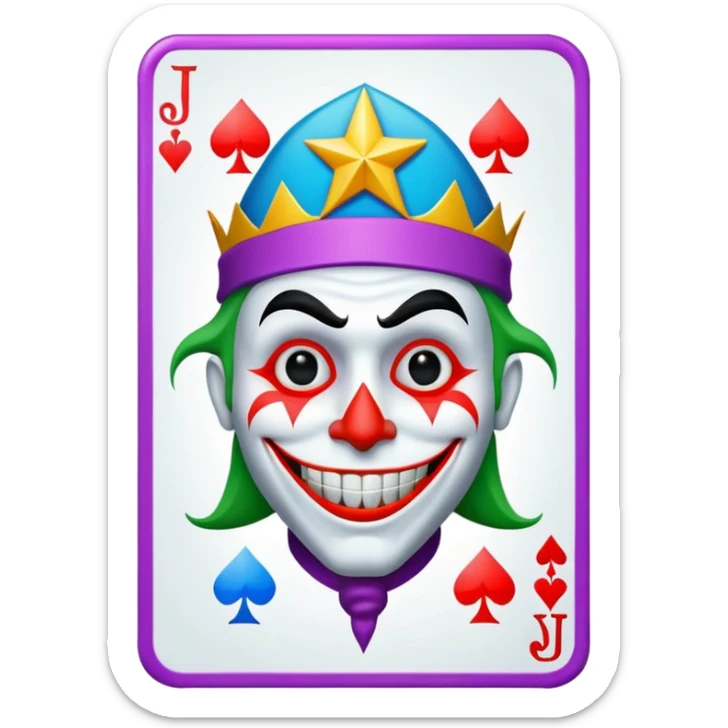 1 poker card, perfectly squared card, with crazy colorful human jolly joker inside, star symbol with a "J" sticker