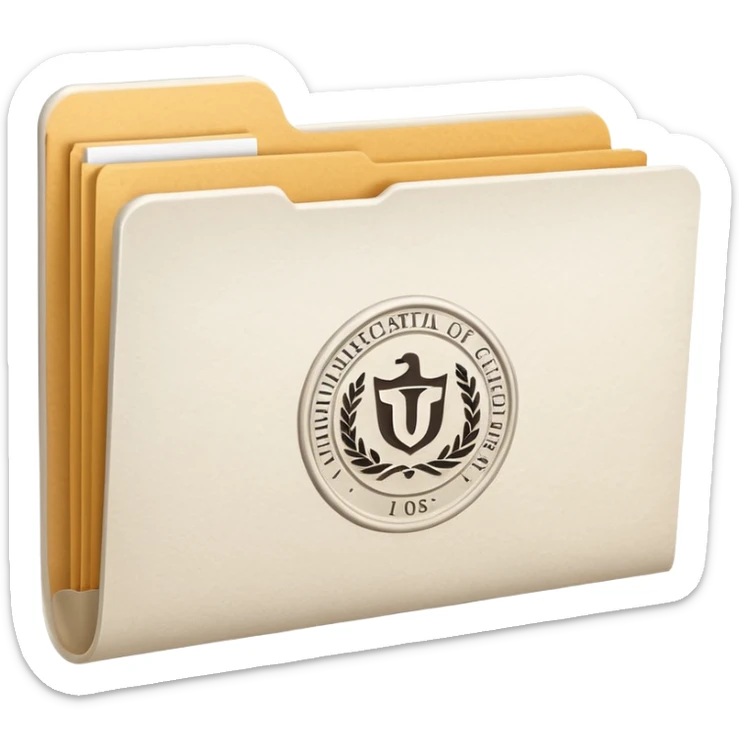 A simple emoji-style icon of a white textured paper folder, clean and formal, with sharp edges, minimal shading, and an embossed university degree/certification seal on the front, conveying academic achievement and official records. white white white  sticker