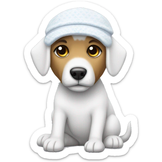 Un perro de peluche blanco con un pijama y un gorro blanco y muy delgado sticker