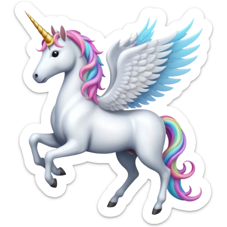 Cinematic Noble Unicorn with wings, slender with a flowing mane and tail and spiraled horn sticker