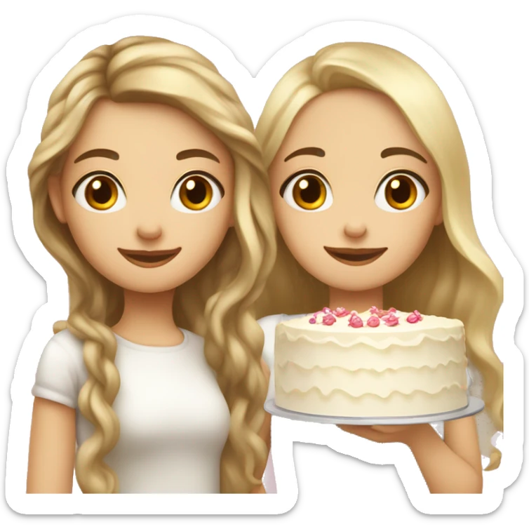 Russian girl with long blond wavy hair and Russian girl with long brown straight hair together holding big white cake sticker