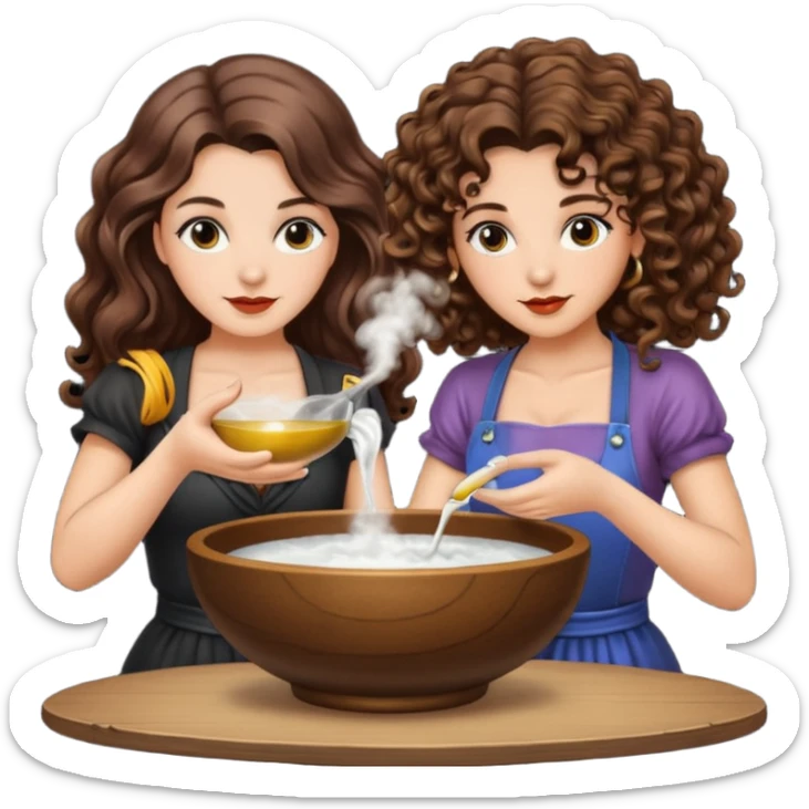 moon bowl mixing — long wavy brown hair tattooed woman and short tight curly brown hair woman — potion scene sticker