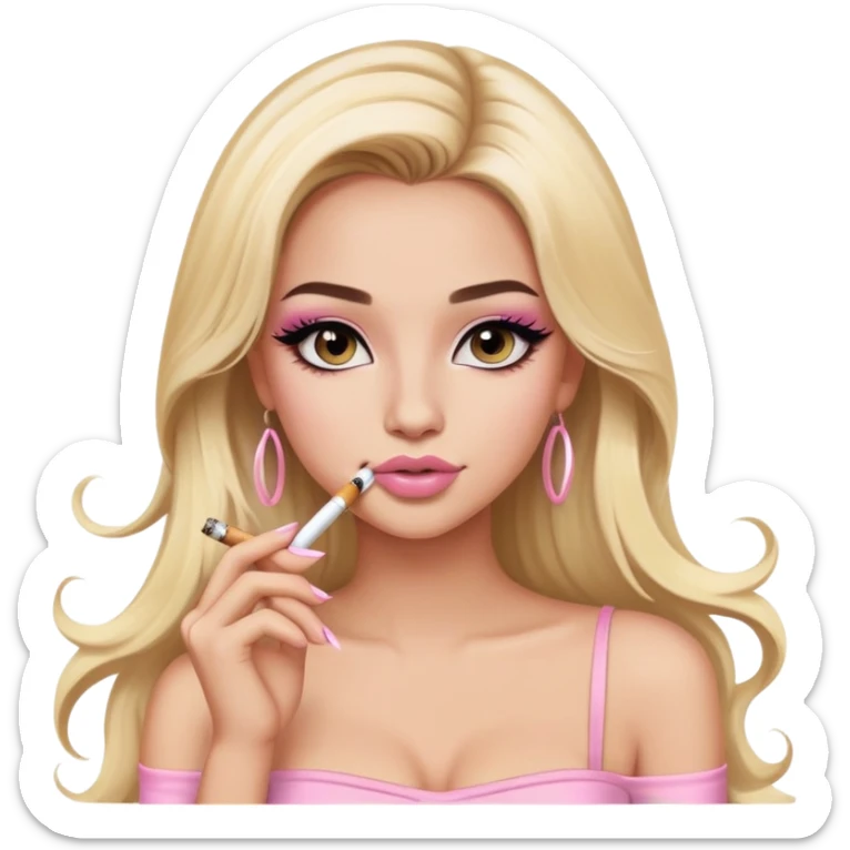 blonde long hair gorgeous girl with latina makeup holding a cigarette winged eyeliner big lashes light pink tube top sticker