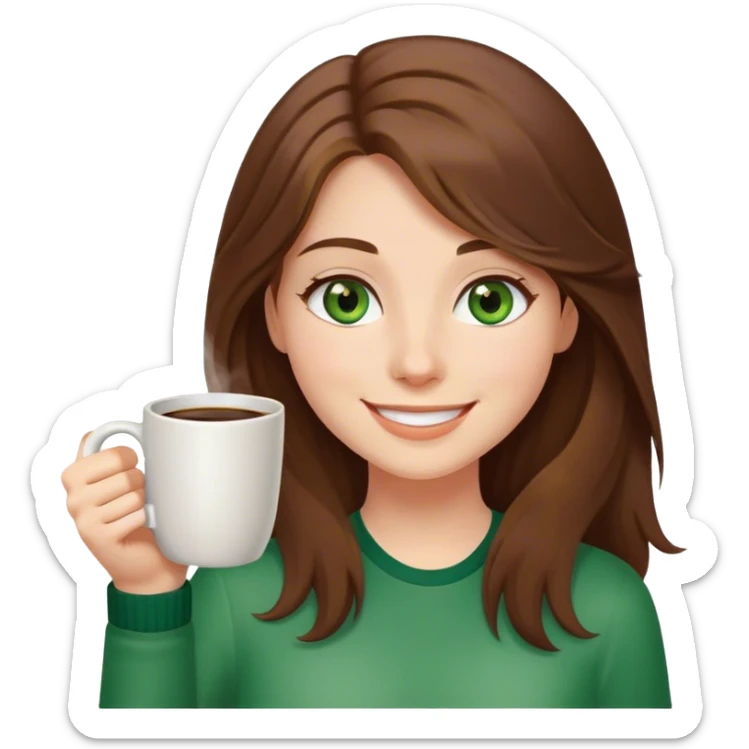 Long, Brown haired girl with middle hair part, with green eyes, smiling, waving with one hand, coffee mug in the other sticker