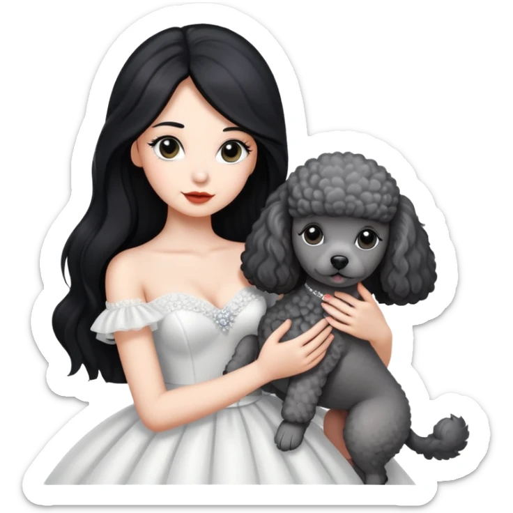 A beautiful girl with long black hair in a wedding dress holds a small gray poodle sticker