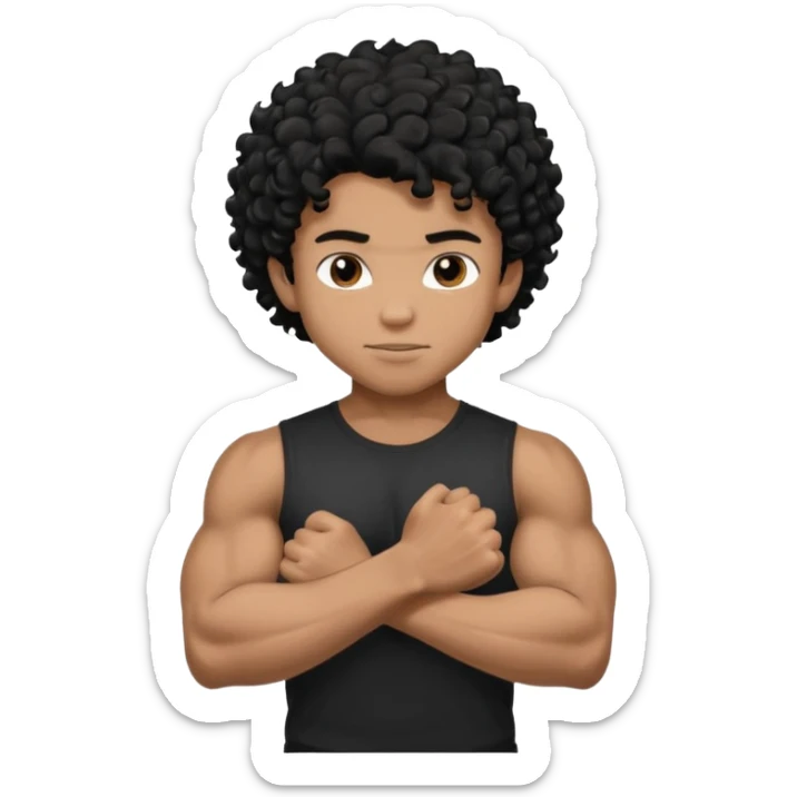 muscular teen boy with veiny hands arms and biceps. has messy black curly hair with dark-tan skintone with black tshirt sticker