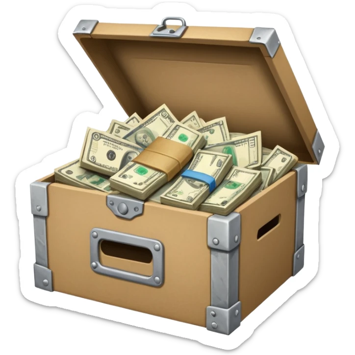 a bunch of miscellaneous stuff in a box, with a small pile of cash note on the side, indicating that this box is for sale sticker