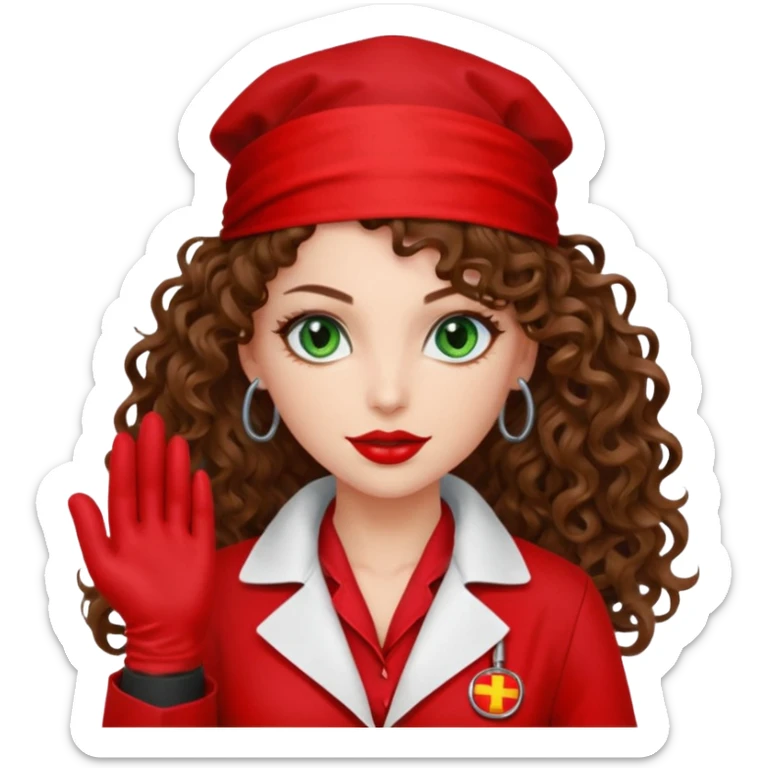 Spanish sexy evil woman. She has green eyes.  had brown long curly hair.  evil surgeon kills with needle wears red sexy doctor coat with red mouth bandana red gloves.  sticker