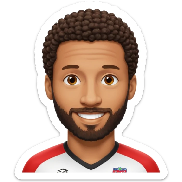 Black British footballer with short tight curly hair and sharp fade, trimmed beard, smiling confident expression, inspired by Rio Ferdinand's real-life appearance sticker