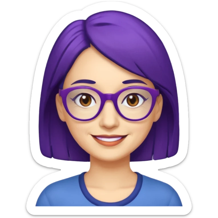 Cartoon 50-year-old youthful woman with purple glasses, brown eyes, and dark blue (not purple) hair to her shoulders. sticker