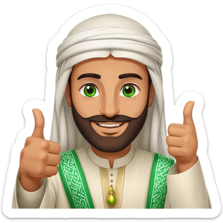 Tanned Arab Saudi man with green eyes and a beard, wearing traditional attire, smiling and giving a big thumbs-up sticker