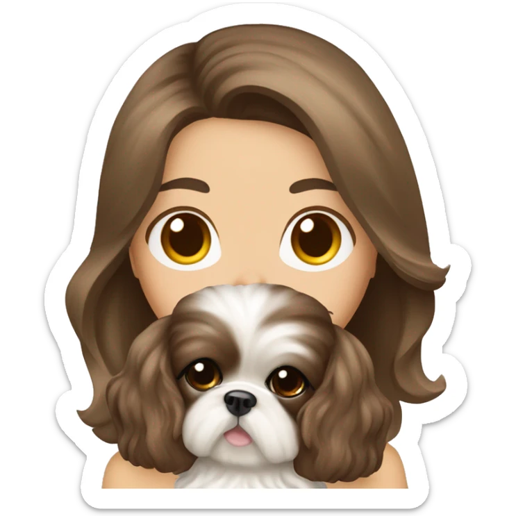 Young brunette hair woman with a cream shih tzu in her arms long wavy hair sticker