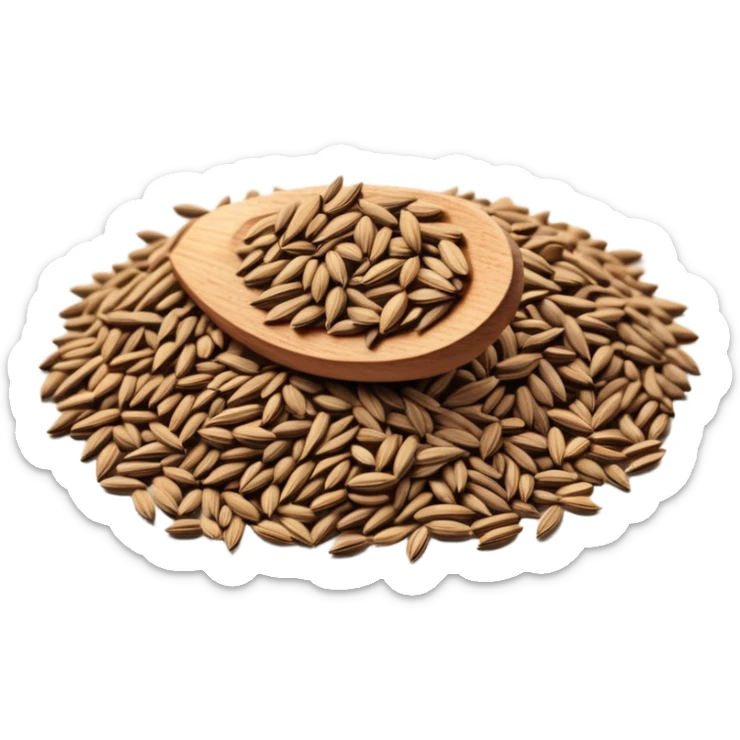 small pile of cumin seeds, scattered, elongated and curved with fine ridges, earthy brown, some variation in size and color, dry and light, 3D clean style, transparent background, optimized for emoji size sticker