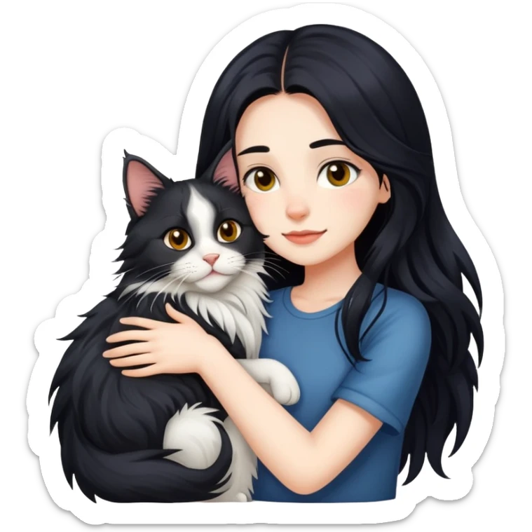 Beautiful girl with fair skin and long black hair hugs Maine Coon cat sticker