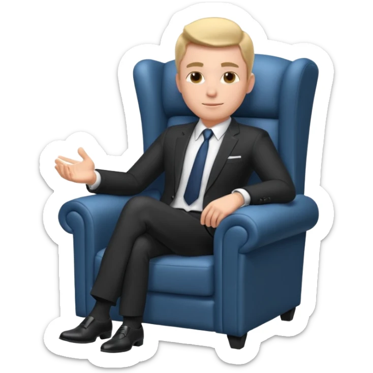 businessman sitting in an armchair, confident relaxed pose, formal suit and tie, professional corporate vibe, 3D cartoon style, mobile game icon style, clean background, no text, no watermark
 sticker