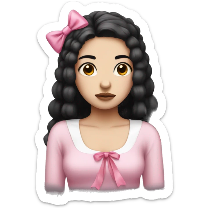 sad girl with white skin and black hair with a pink bow on her head sticker