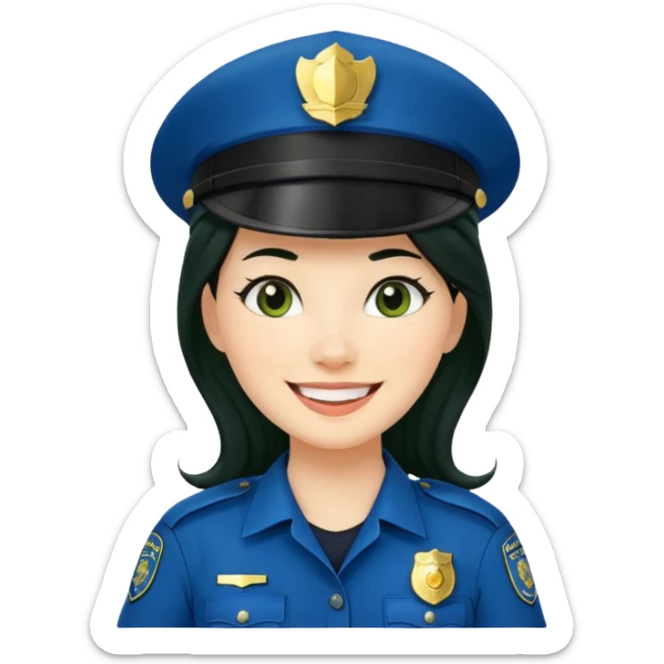 Female POLICE IN green, long black hair, happy smile sticker
