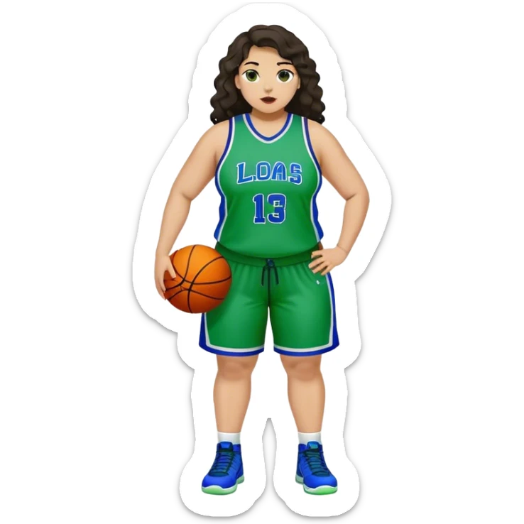 full body plus size light skin latino women basketball player with wavy dark hair large wide nose wearing blue with green uniform sticker