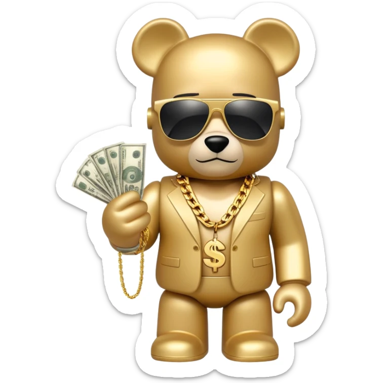 hustler bearbrick toy figure wearing gold chain, sunglasses and money sticker