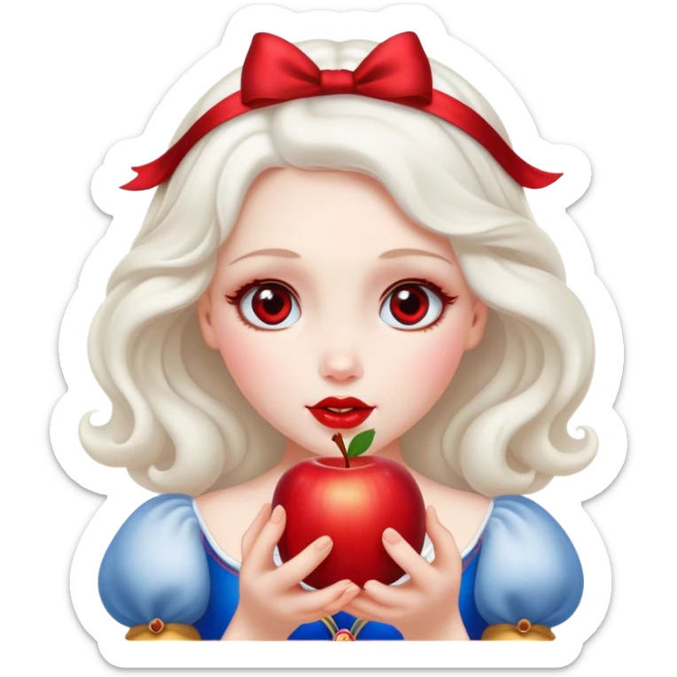 Cinematic Elegant Snow White Portrait Emoji, Delicately holding a red apple, eyes glimmering with mystery, soft curls perfectly placed, her royal presence glowing with a warm, enchanting charm! sticker