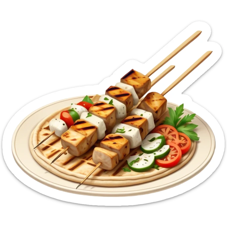 cinematic-realistic-souvlaki-dish-emoji,-showcasing-skewered,-grilled-chicken-with-mediterranean-spices-rendered-with-dynamic-textures-and-warm,-appetizing-lighting on pita bread on a plate sticker