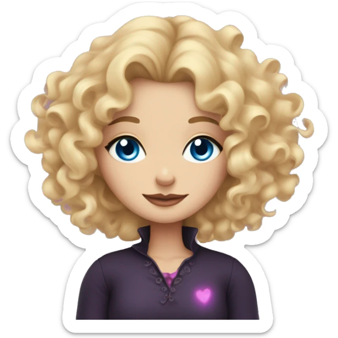 Blonde curly hair Blue eyed woman who is witchy by on and pink hearts  sticker
