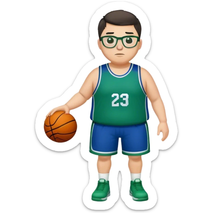 Full Body plus size white male with dark short hair basketball player wearing glasses wearing blue green uniform sticker