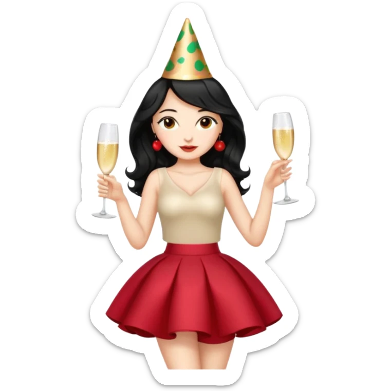 A woman with wavy black hair in a cherry skirt, beautiful and authoritative, drinking champagne sticker