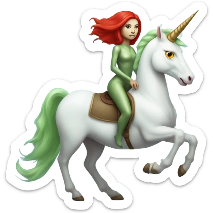 [politically incorrect
	{ woman: alien, color: light green, hair:red, eyes:cat} ]
	on a 
	[{ unicorn: white, legged:four, mane: light blue }] sticker