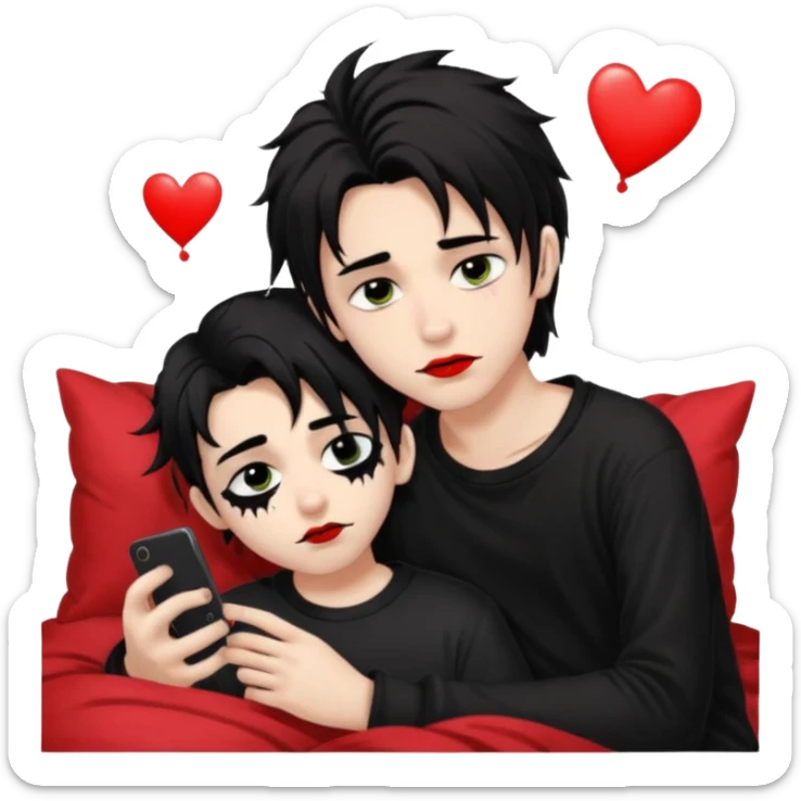 pale Goth boy with a bunch of face piercings, with shaggy dark brown hair, and messy black eyeliner , smudged, red, lipstick , having a slumber party with a tan gamer boy with long black hair  sticker