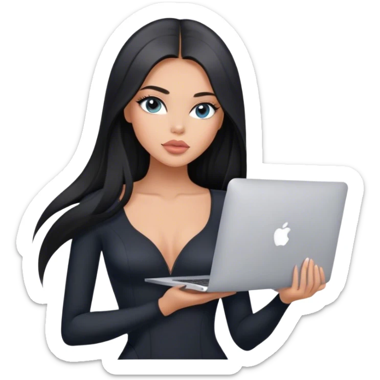 Glamours, tanned, very beautiful girl, with big pump peach-beige-rose lips, black straight smooth silky long hair, straight parting, blue-grey eyes, in black bodysuit holding MacBook sticker