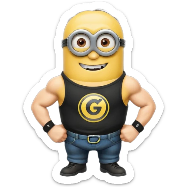 A buff minion wearing a black t shirt top with the words “never GOON” on the shirts chest area sticker